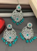 Sky Blue Silver Plated Earrings With Maang Tikka